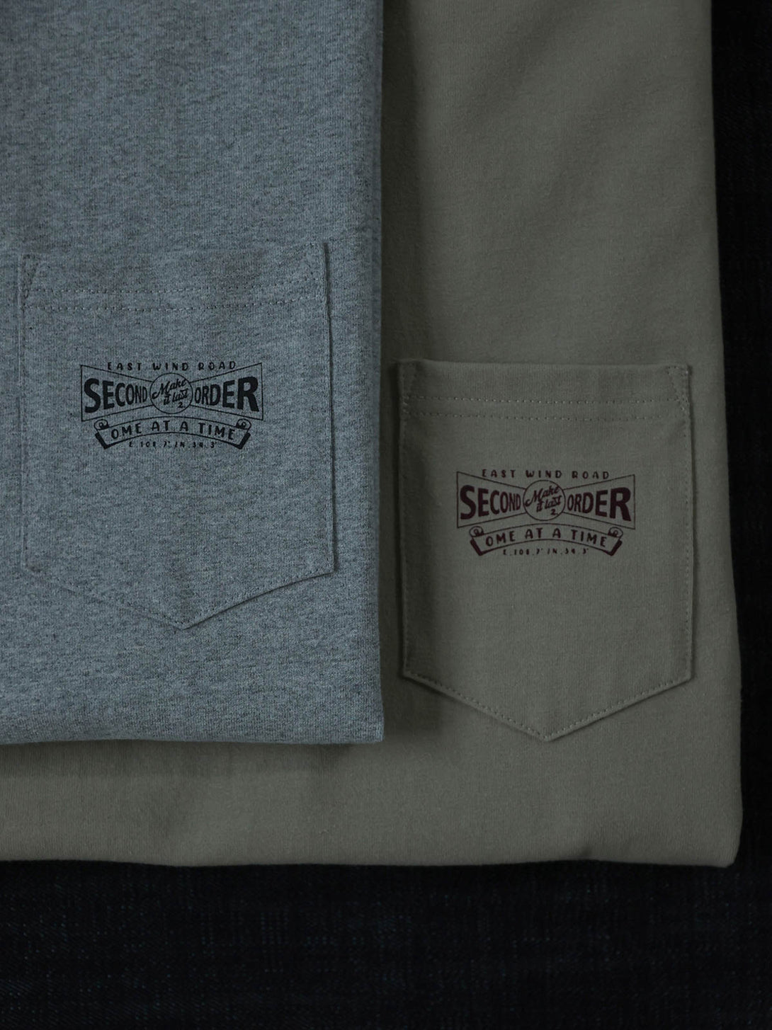 ヴィンテージプリント パイピング ポケットTシャツの背面図、プリントの詳細「FRESH BEER FROM Second order CLOTHING INDIES」を含む