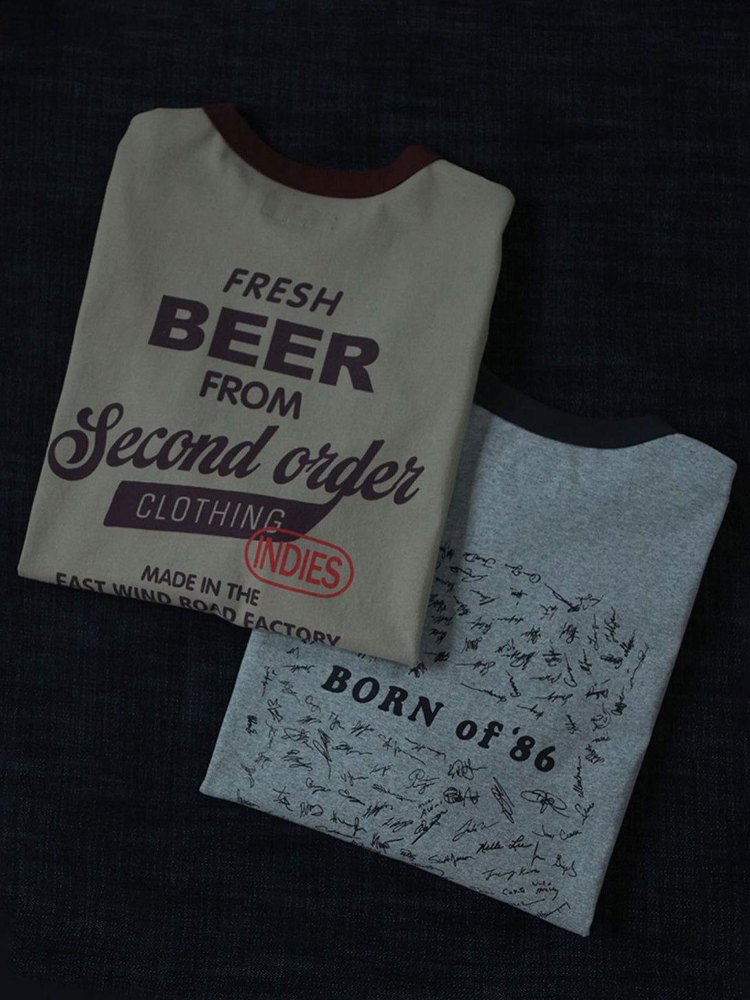 ヴィンテージプリント パイピング ポケットTシャツの背面図、プリントの詳細「FRESH BEER FROM Second order CLOTHING INDIES」を含む