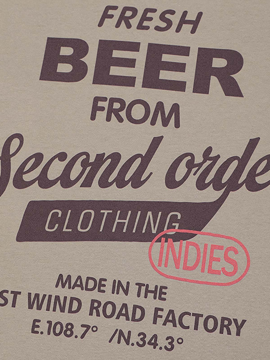 ヴィンテージプリント パイピング ポケットTシャツの背面図、プリントの詳細「FRESH BEER FROM Second order CLOTHING INDIES」を含む