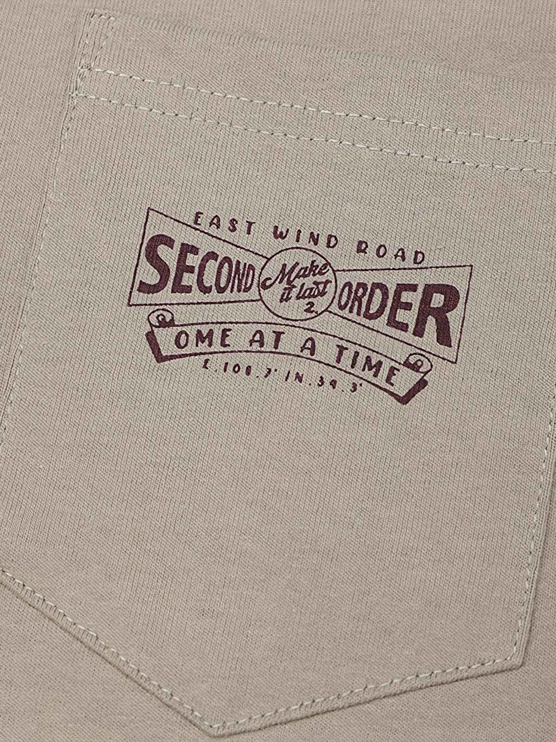 ヴィンテージプリント パイピング ポケットTシャツの背面図、プリントの詳細「FRESH BEER FROM Second order CLOTHING INDIES」を含む