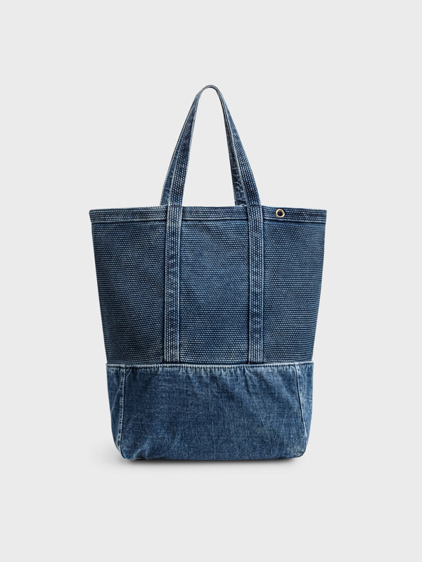 Heavyweight indigo dyed sashiko tote shoulder bag