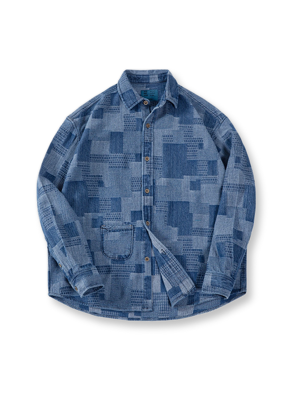 Tattered jacquard yarn-dyed denim long-sleeve shirt