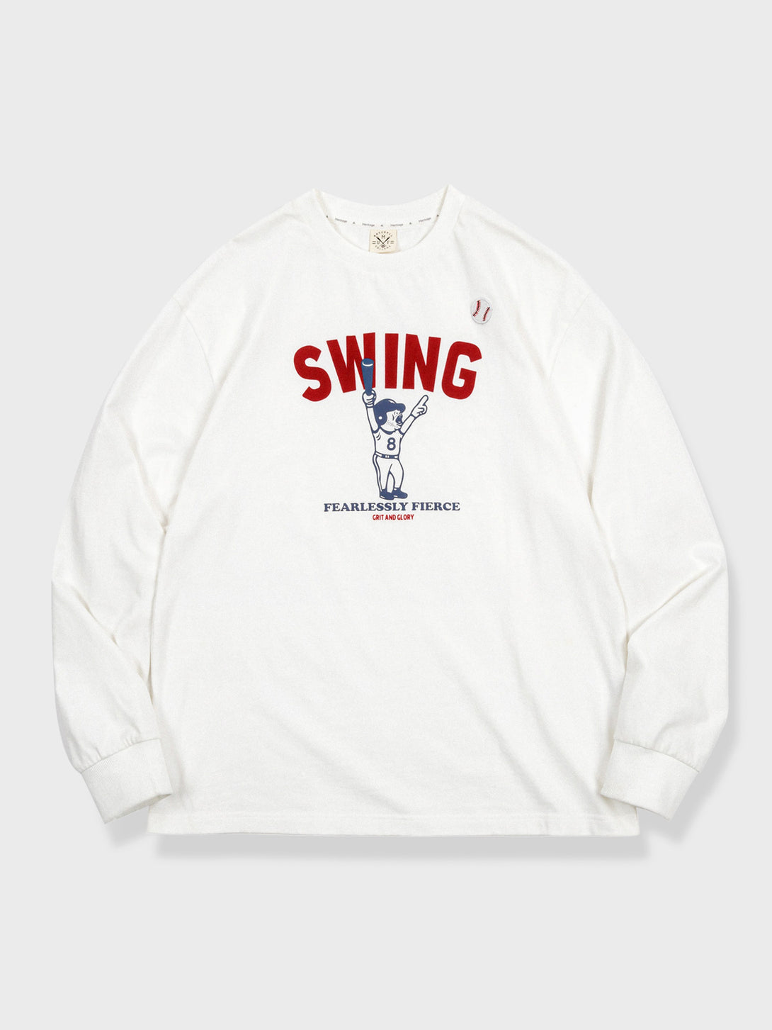 アメリカンカレッジスポーツスタイルのロングスリーブTシャツ、前面には大胆な「SWING」とバッティング姿勢のグラフィックがプリントされています。