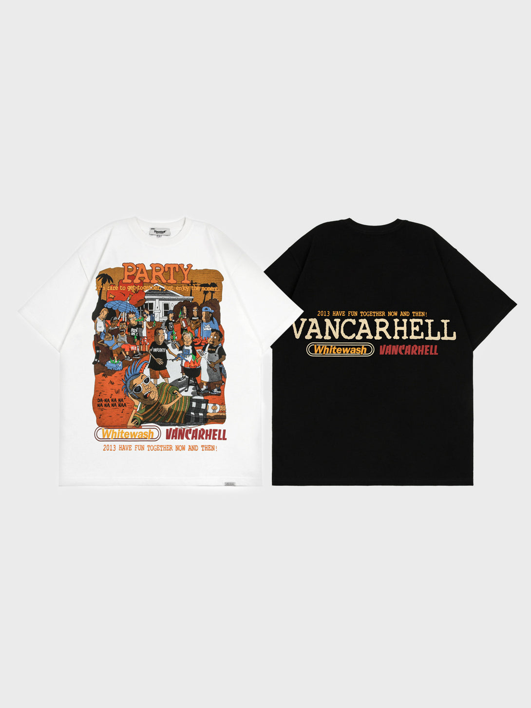 カートゥーンパーティーパターンが描かれたカラフルな半袖Tシャツ、明るい背景に配置。1990年代のストリートカルチャーが感じられるデザイン。