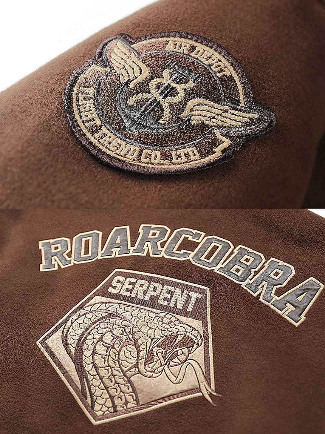 製品画像: コブラ刺繍ウール空軍ベースボールジャケットの全体画像、ヴィンテージミリタリースタイルとタオル刺繍デザインが特徴
詳細画像: 胸元の「K」タオル刺繍とコブラ刺繍のディテール、ミリタリースタイルの象徴