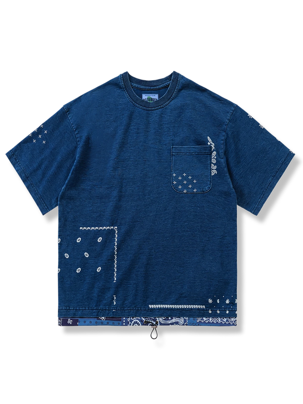 Discharge-printed paisley pocket indigo-dyed T-shirt