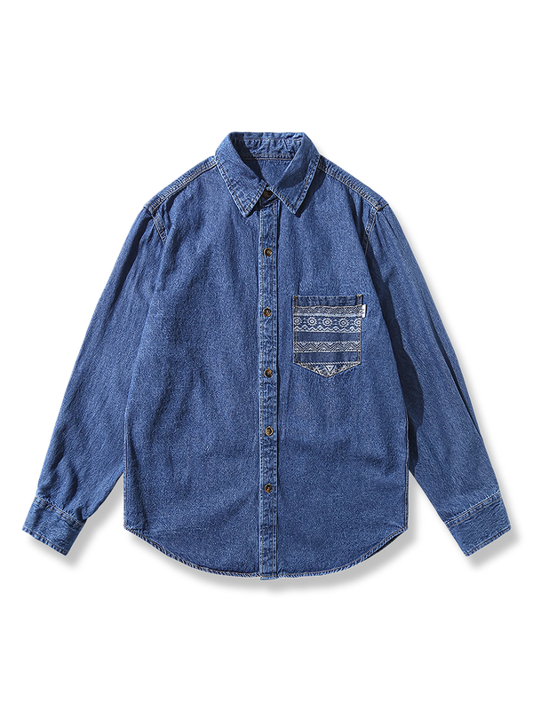 Ethnic-style long-sleeved denim shirt with pocket