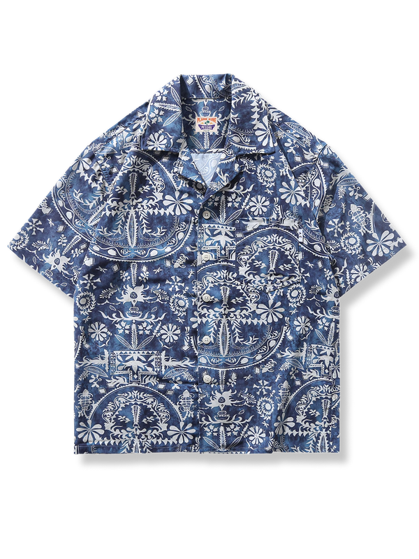 Blue ethnic pattern aloha shirt