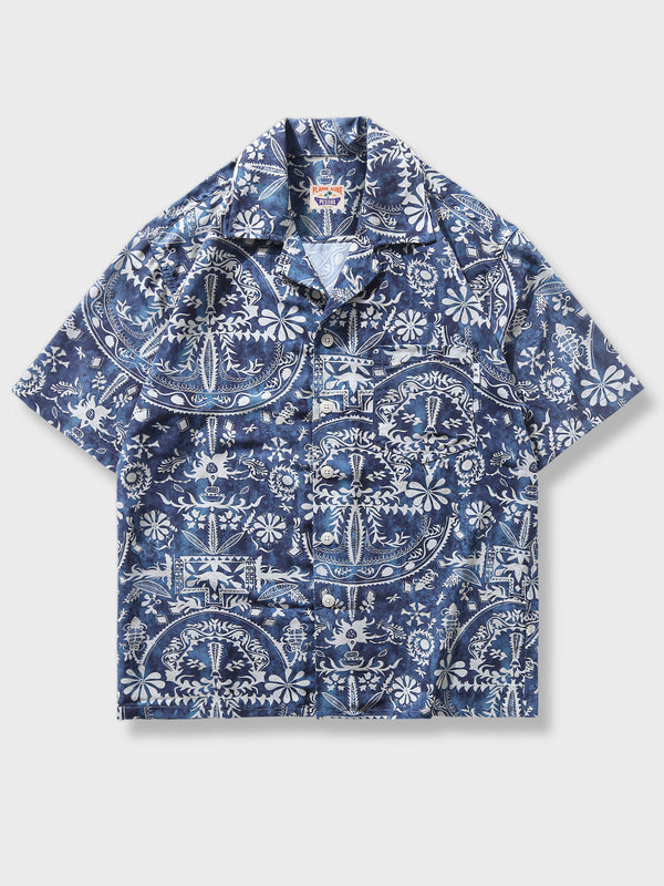 Blue ethnic pattern aloha shirt