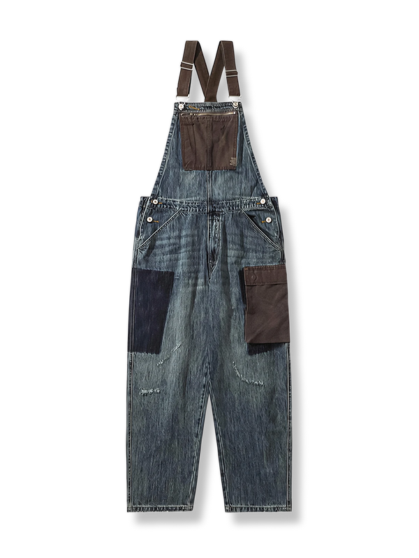 Distressed color-blocked pocket overalls