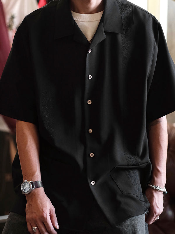 Embroidered black Cuban collar shirt