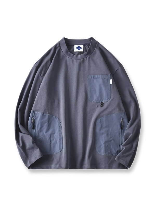 PARDON | Round-neck long-sleeved T-shirt with different fabric pockets