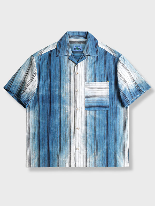 Indigo-dyed gradation striped cotton-linen short-sleeved shirt