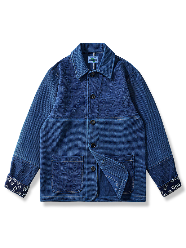 Indigo-dyed sashiko French work jacket with floral pattern on the sleeve lining