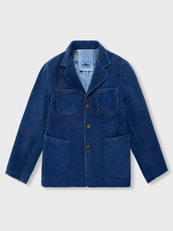 Indigo-dyed French work jacket with bandana pattern on the inside 