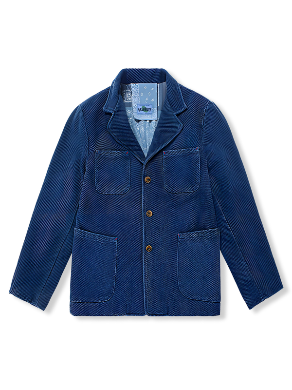 Indigo-dyed French work jacket with bandana pattern on the inside 