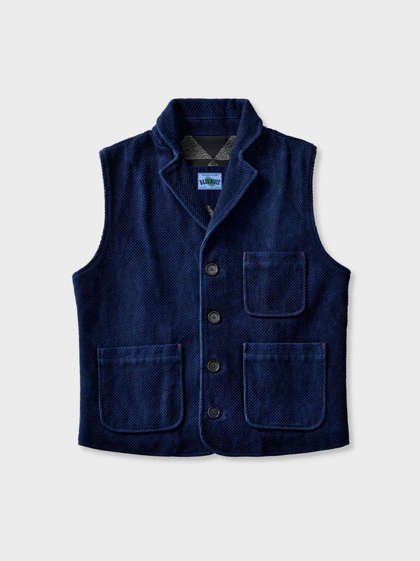 Indigo dyed vest with ethnic pattern lining