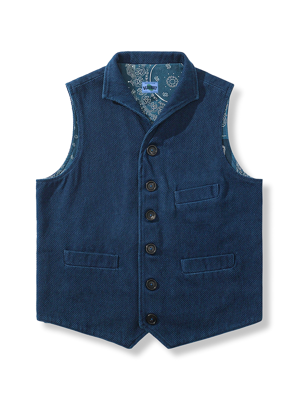 Indigo dyed vest with paisley pattern on the inside