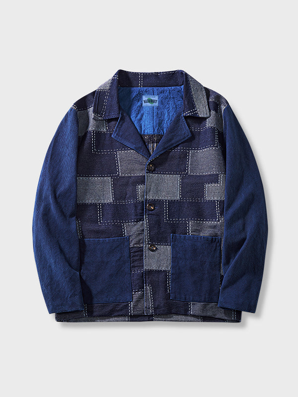 Reverse floral indigo dyed sashiko and denim patchwork jacket