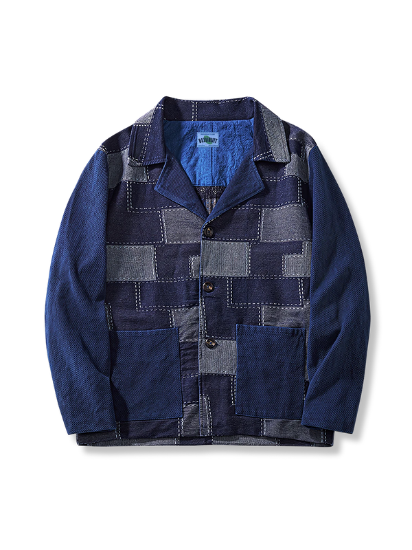 Reverse floral indigo dyed sashiko and denim patchwork jacket