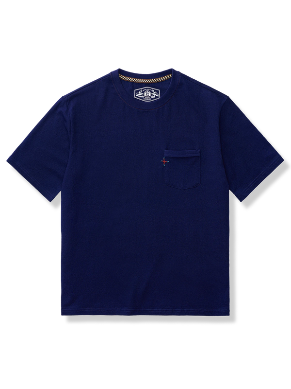 Indigo dyed embroidered drop shoulder T-shirt