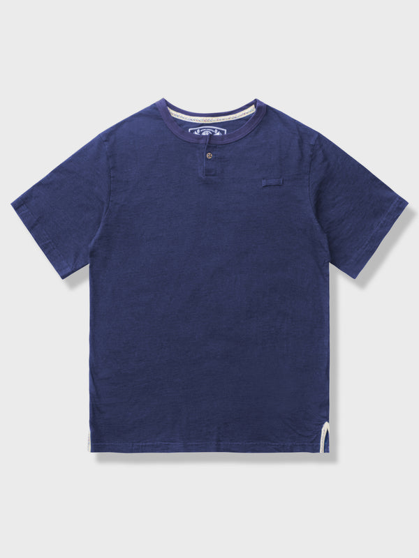 Indigo dyed cotton Henley T-shirt