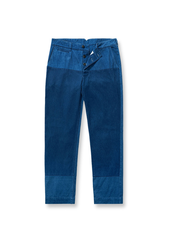 Indigo-dyed patchwork denim pants