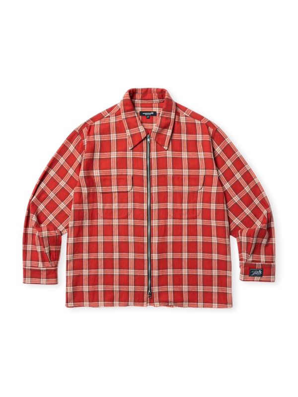 Distressed zipper check shirt