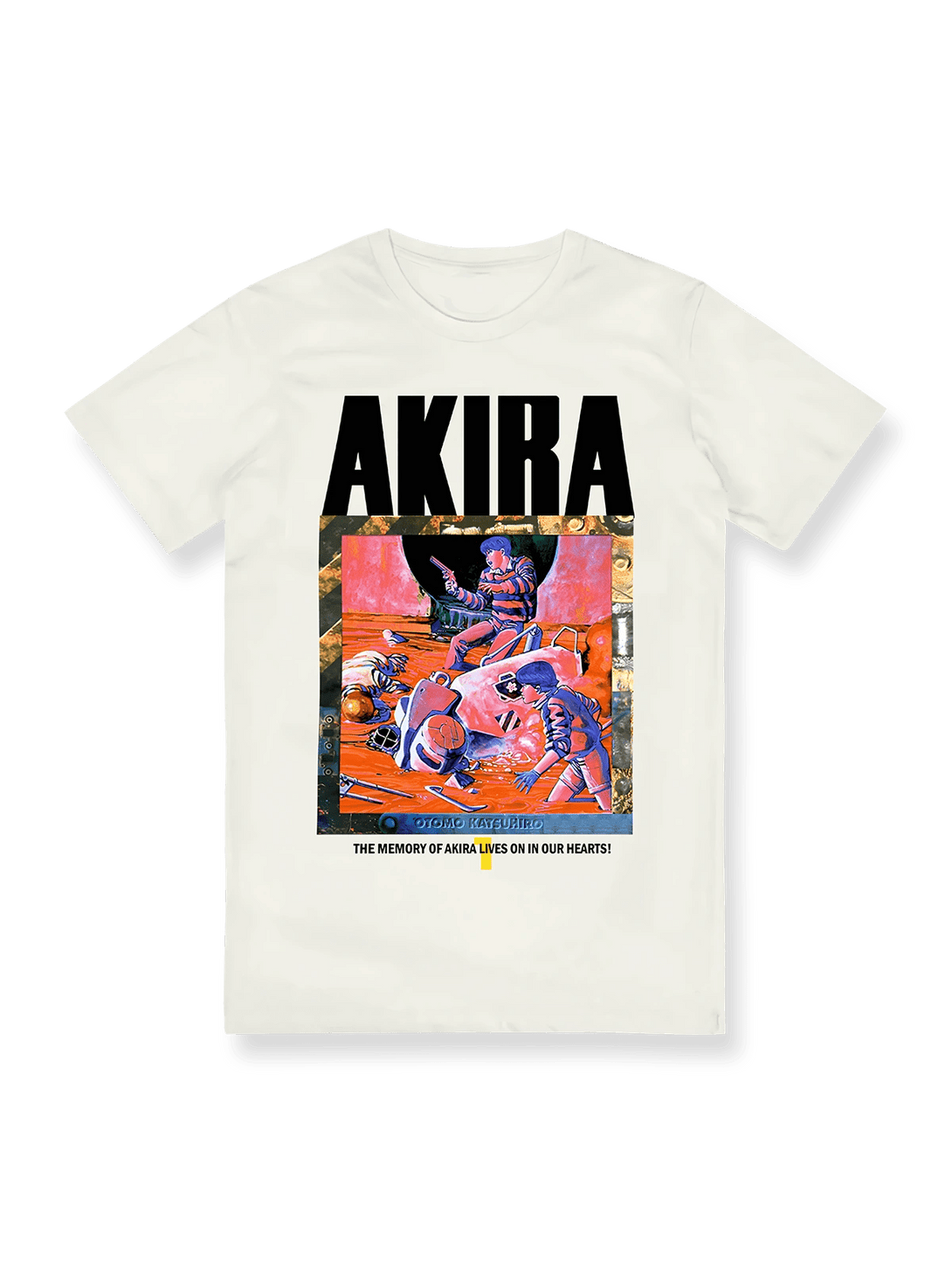  AKIRAカートゥーンプリントTシャツ正面図、クラシックな漫画芸術デザイン