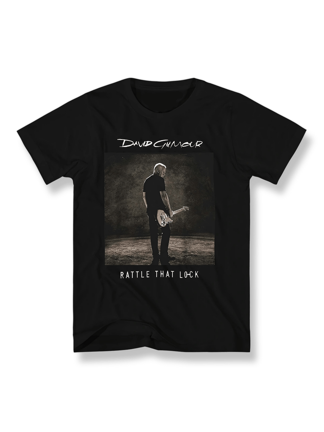  デヴィッド・ギルモアが背を向けてギターを演奏するアートワークのTシャツ、Rattle That Lock記念Tシャツ