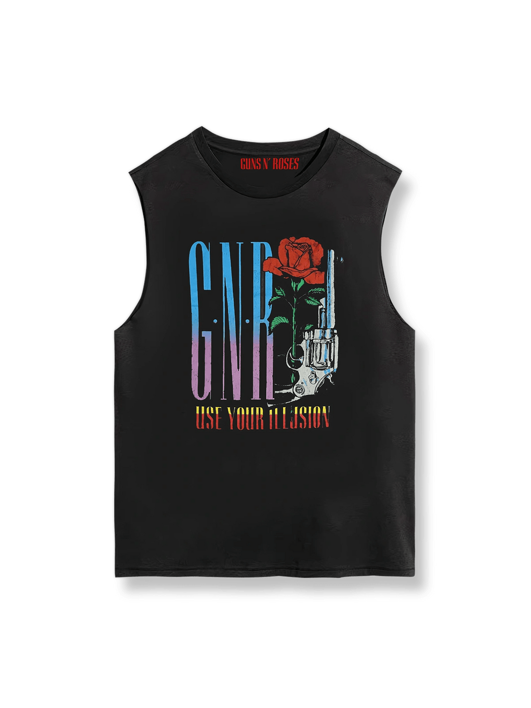  Guns N' Roses Tシャツ前面の銃とバラの図柄、Use Your Illusionロゴ