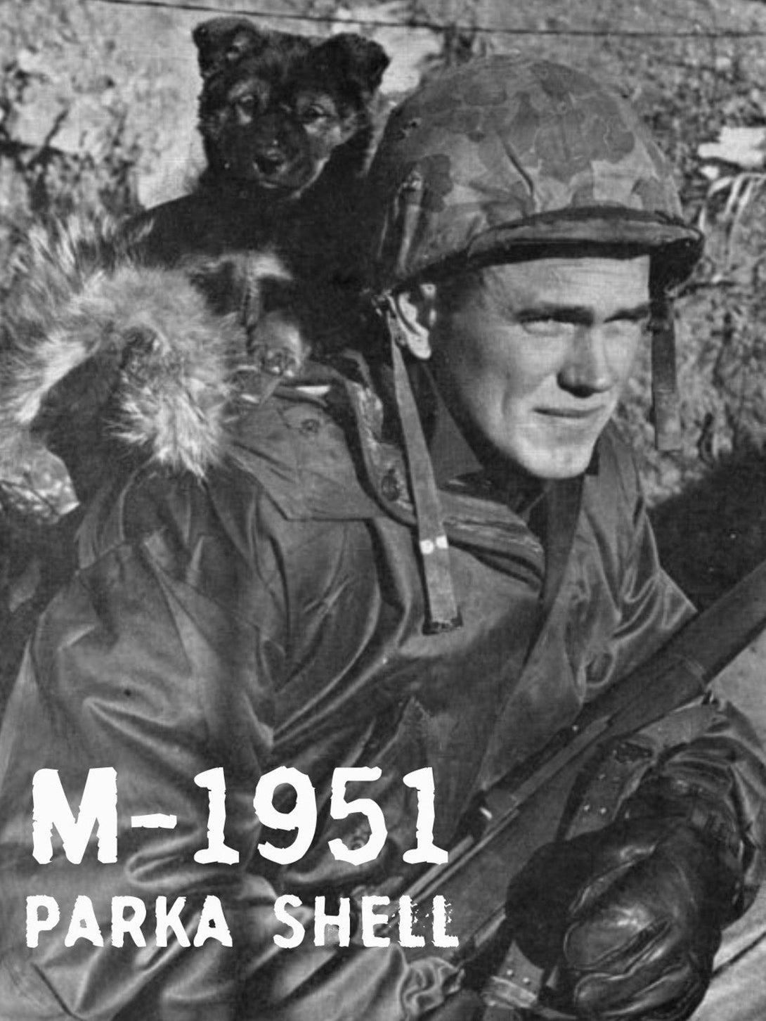 製品画像：M1951フィッシュテールパーカ、軍用アウターの正面画像
詳細画像：フィッシュテールパーカの防風・防寒デザインの細部特写