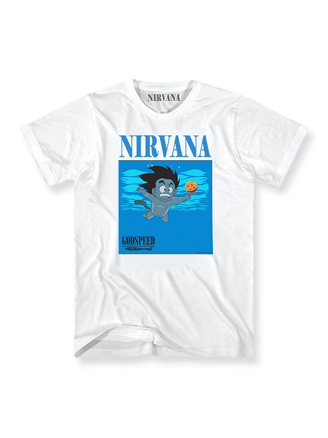 『Nirvana』 x 悟空 カートゥーンプリントTシャツ正面図、『Nirvana』と悟空の要素が融合したデザイン