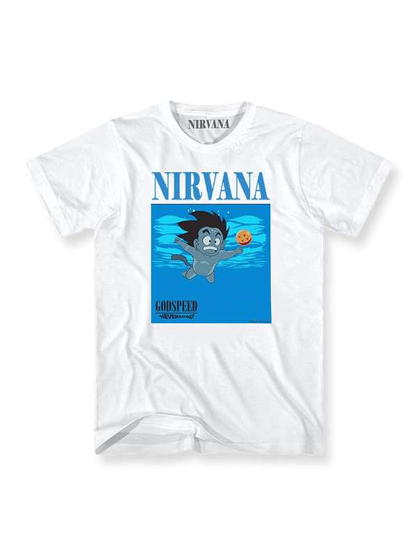 『Nirvana』 x 悟空 カートゥーンプリントTシャツ正面図、『Nirvana』と悟空の要素が融合したデザイン