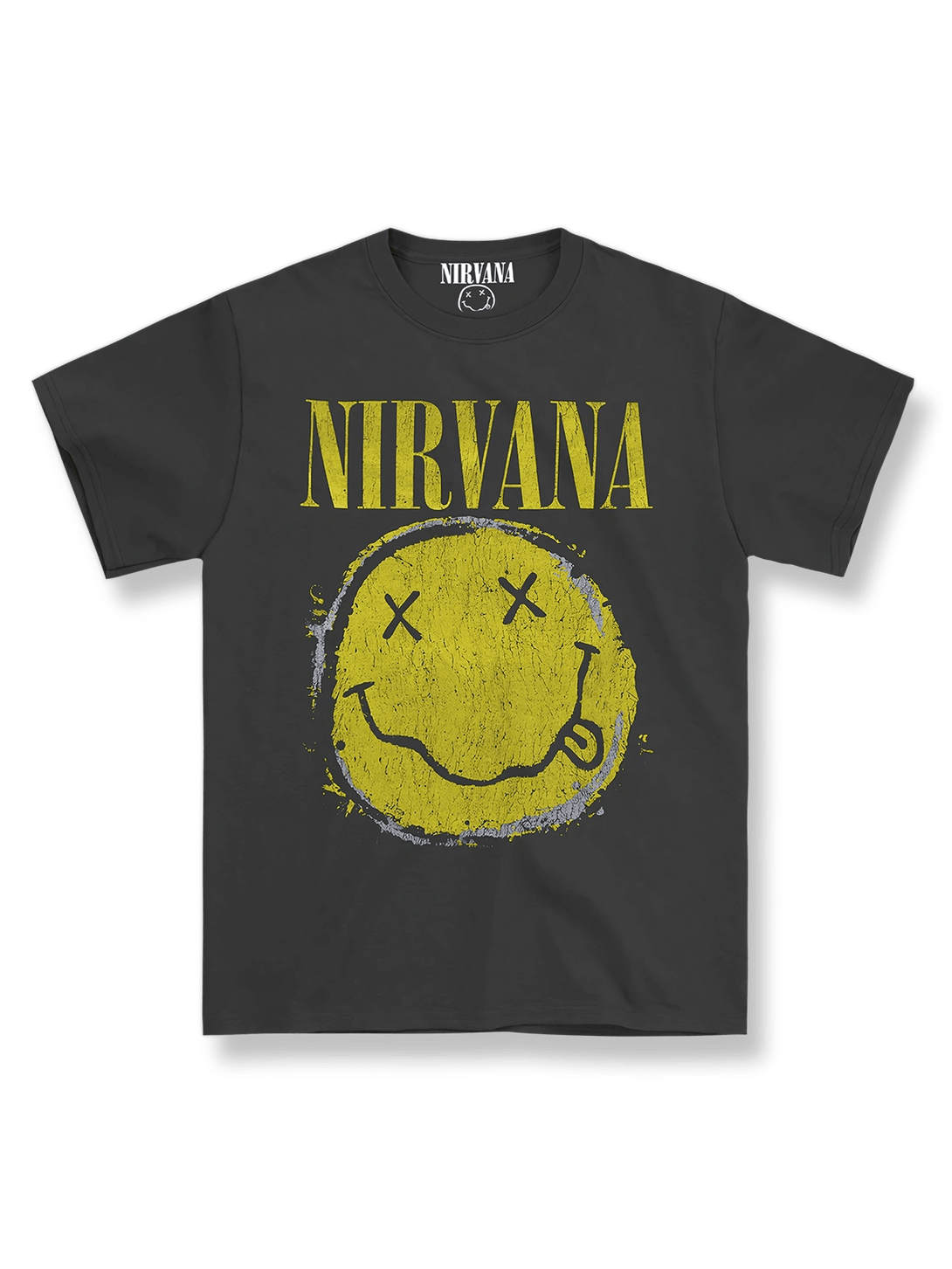 Nirvana Tシャツのフロント、黄色のスマイリーフェイスロゴ、『Nevermind』時代のクラシックデザイン