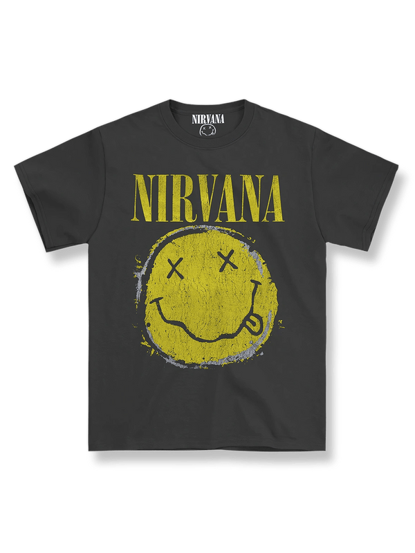 Nirvana Tシャツのフロント、黄色のスマイリーフェイスロゴ、『Nevermind』時代のクラシックデザイン