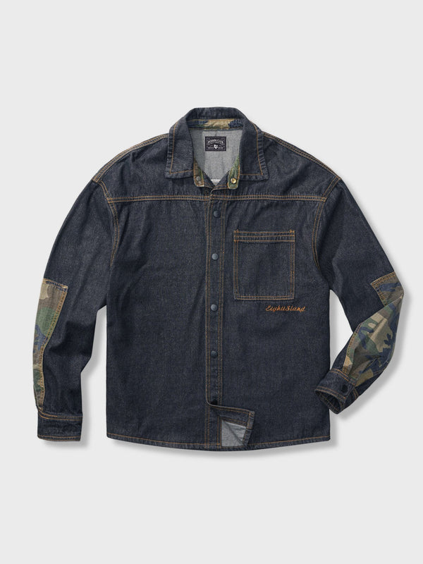 PARDON | Camo pattern combination denim jacket with embroidered back letter