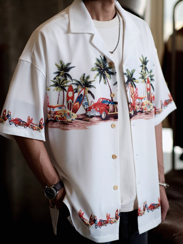 Parolibre | Bamboo button &amp; car pattern white aloha shirt