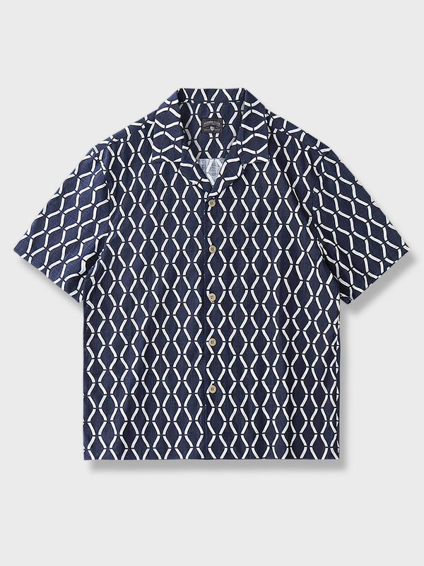 Indigo dyed geometric pattern aloha shirt