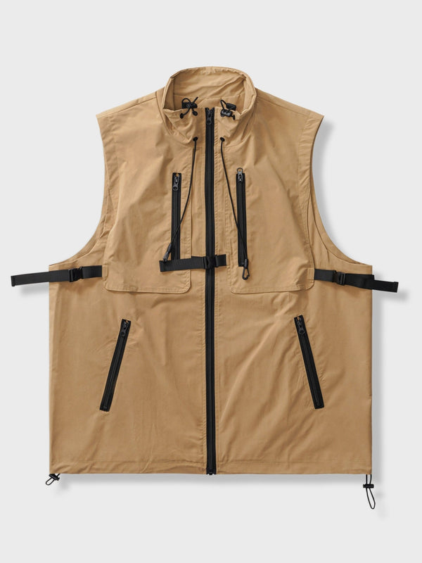 Khaki Multi-Pocket Stand-Up Collar Vest