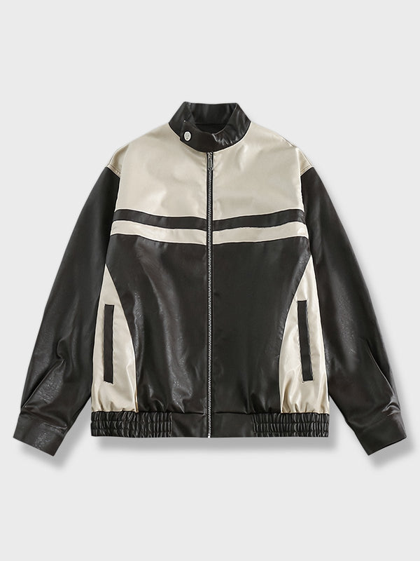 Risky | Colorblock stand-up collar leather jacket