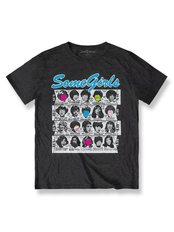 The Rolling Stones Tシャツ前面の『Some Girls』カバーデザイン、ヴィンテージ広告スタイル