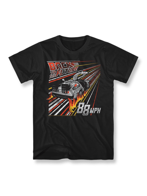 『バック・トゥ・ザ・フューチャー』カートゥーンプリントTシャツの正面画像、デロリアン車と「88 MPH」のスローガン