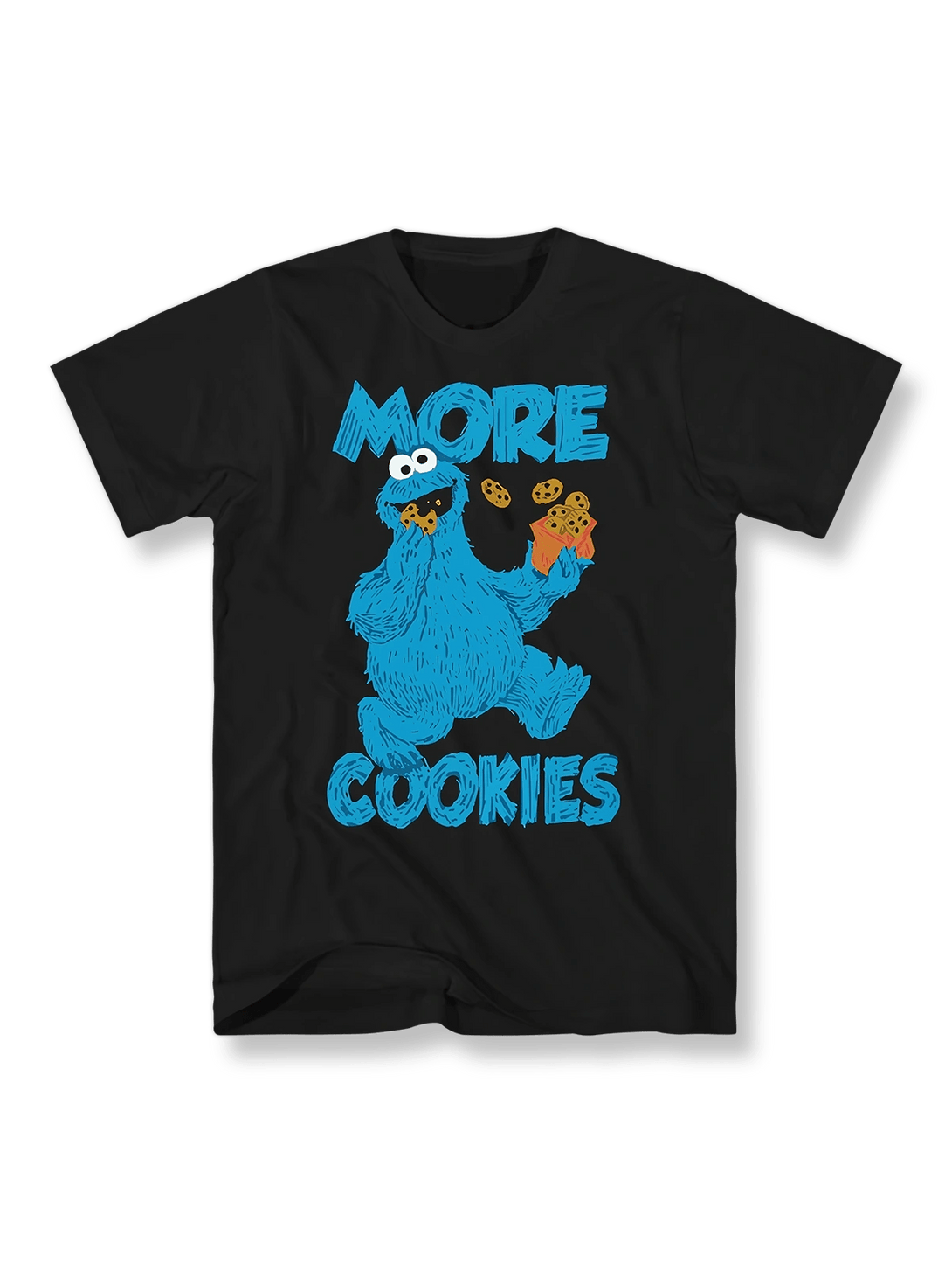 『クッキーモンスター』カートゥーンプリントTシャツ正面図、クッキーモンスターと「More Cookies」標語