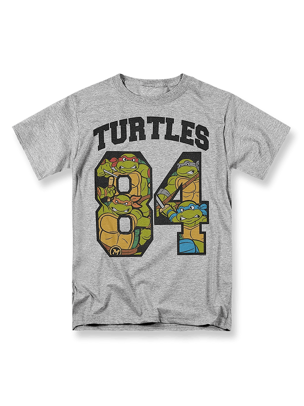 『ミュータント・タートルズ』カートゥーン印花Tシャツの正面画像。クラシックなミュータント・タートルズと「Turtles 84」のスローガン