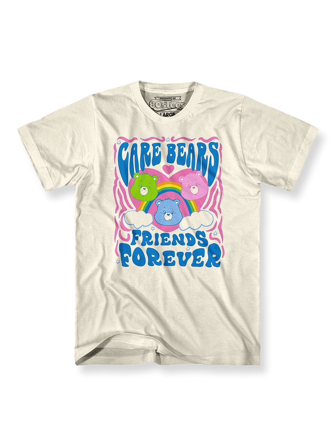 ケアベア カートゥーンプリントTシャツ正面図、ケアベアと「Friends Forever」標語