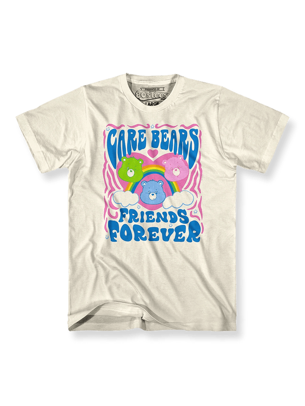 ケアベア カートゥーンプリントTシャツ正面図、ケアベアと「Friends Forever」標語