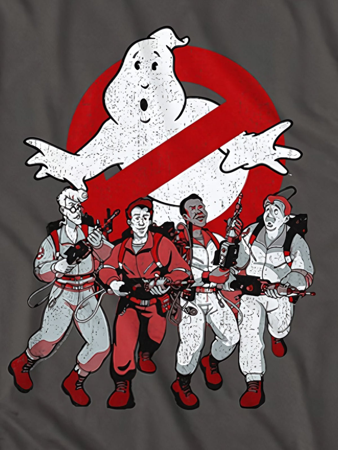 『Ghostbusters』カートゥーンプリントTシャツのディテール、鮮やかな色彩とダークグレーの背景のコントラスト