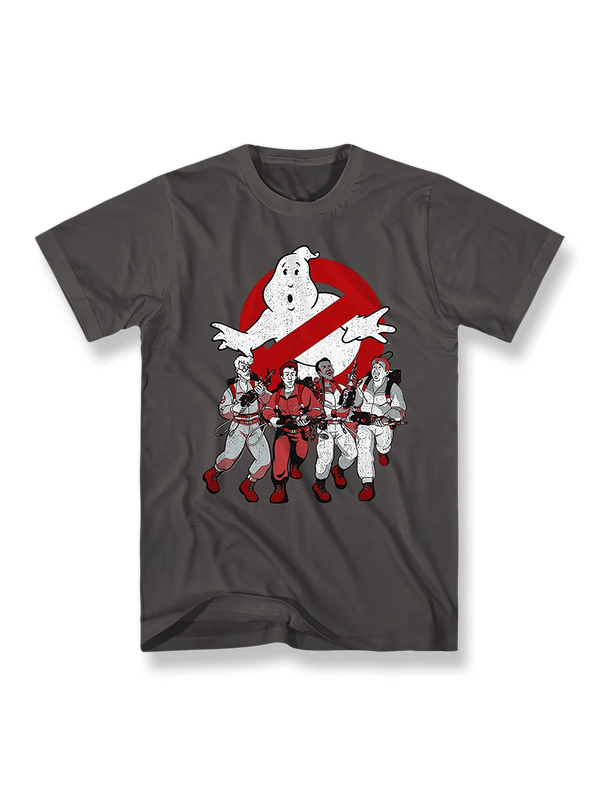 『Ghostbusters』カートゥーンプリントTシャツ正面図、ゴーストバスターズとクラシックなロゴ