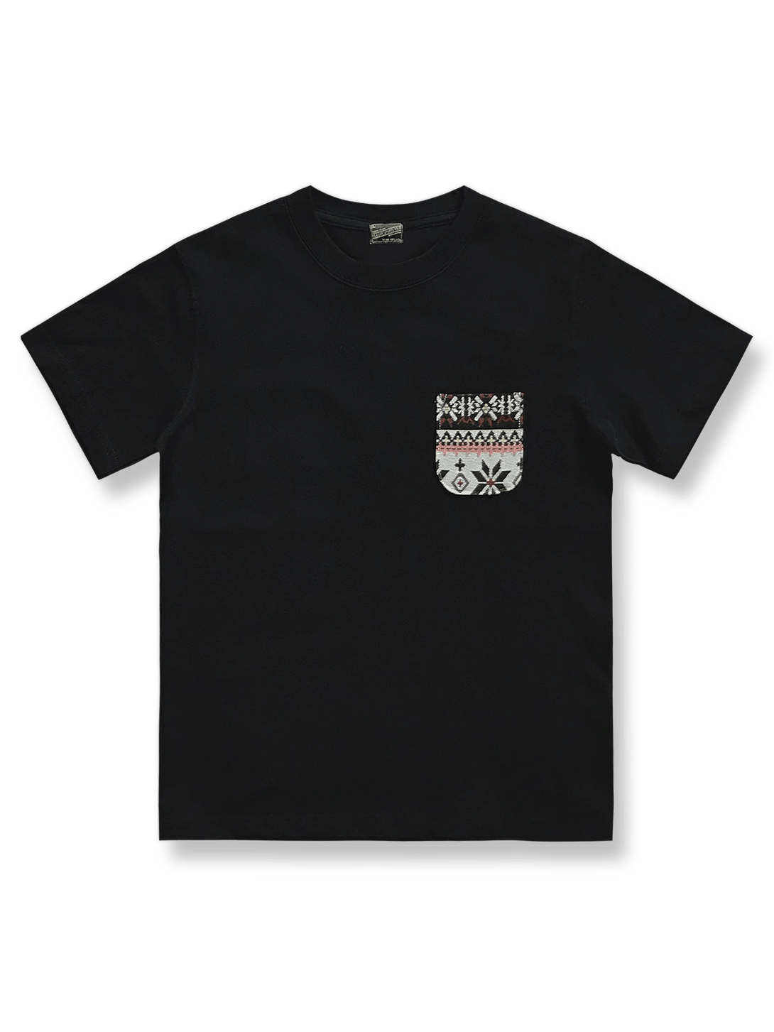 エスニック風ブラックポケットクルーネック半袖Tシャツの正面図